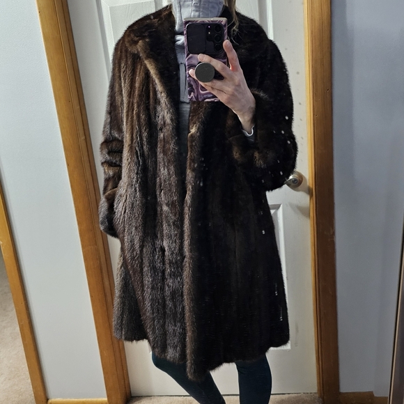Blue Diamond Mink Canada Brown Fur Mid-Length Coat Large Glam - Picture 2 of 14